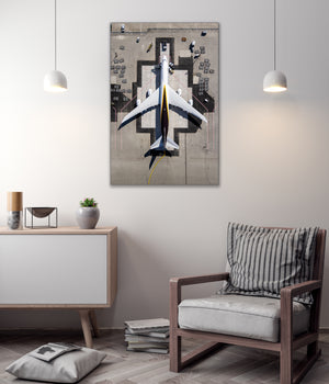 a large airplane on a runway, with a minimalist and modern design.