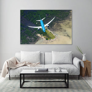 a large, colorful airplane flying over a beach, with a white couch and coffee table in the foreground.