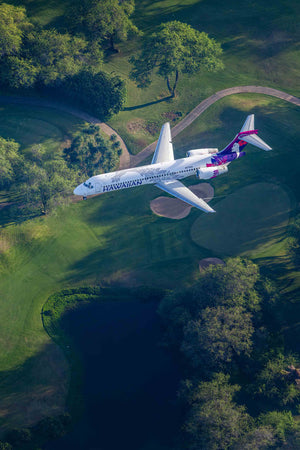 An aerial view of a large passenger jet flying over a grassy area with trees and a small body of water below.