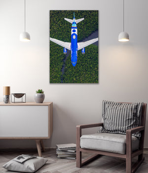 a large blue airplane flying over a lush green forest.
