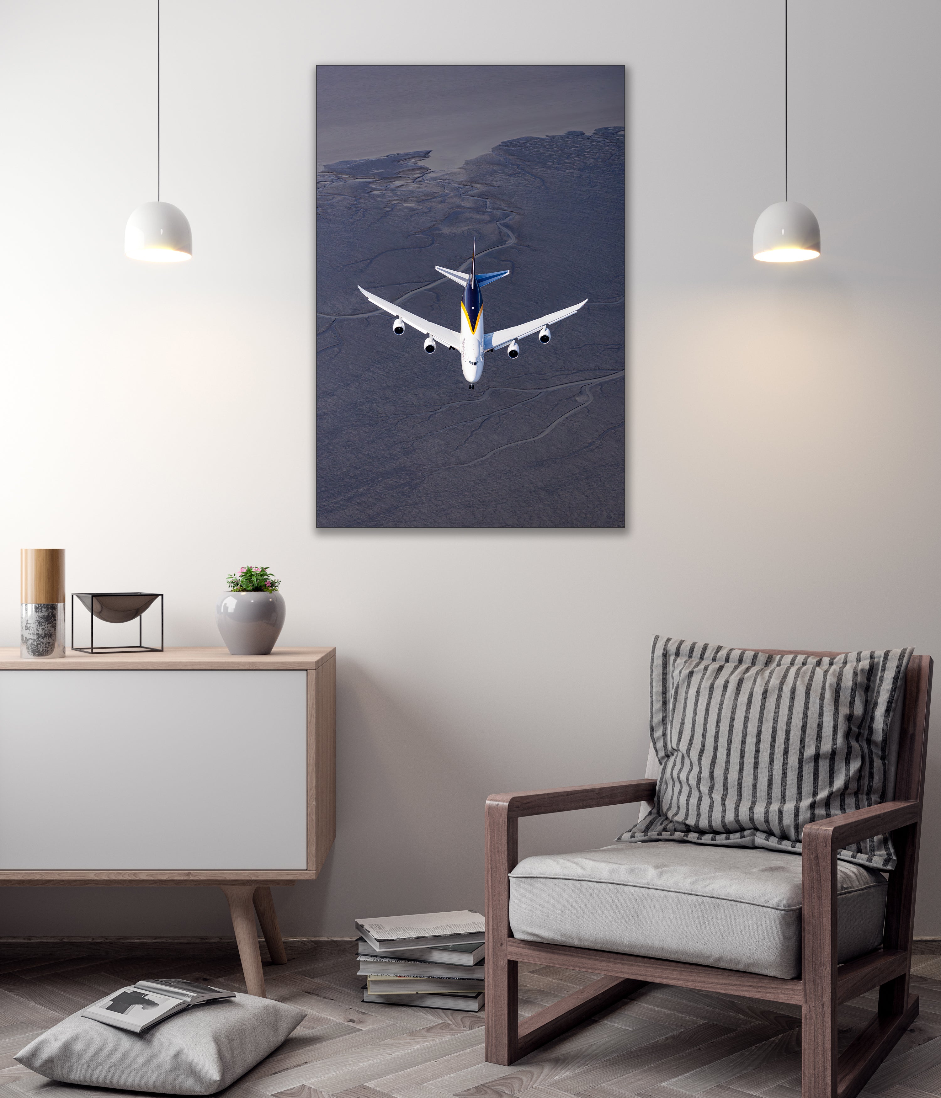 a large airplane flying over a desert landscape, with a minimalist and modern interior design in the background.