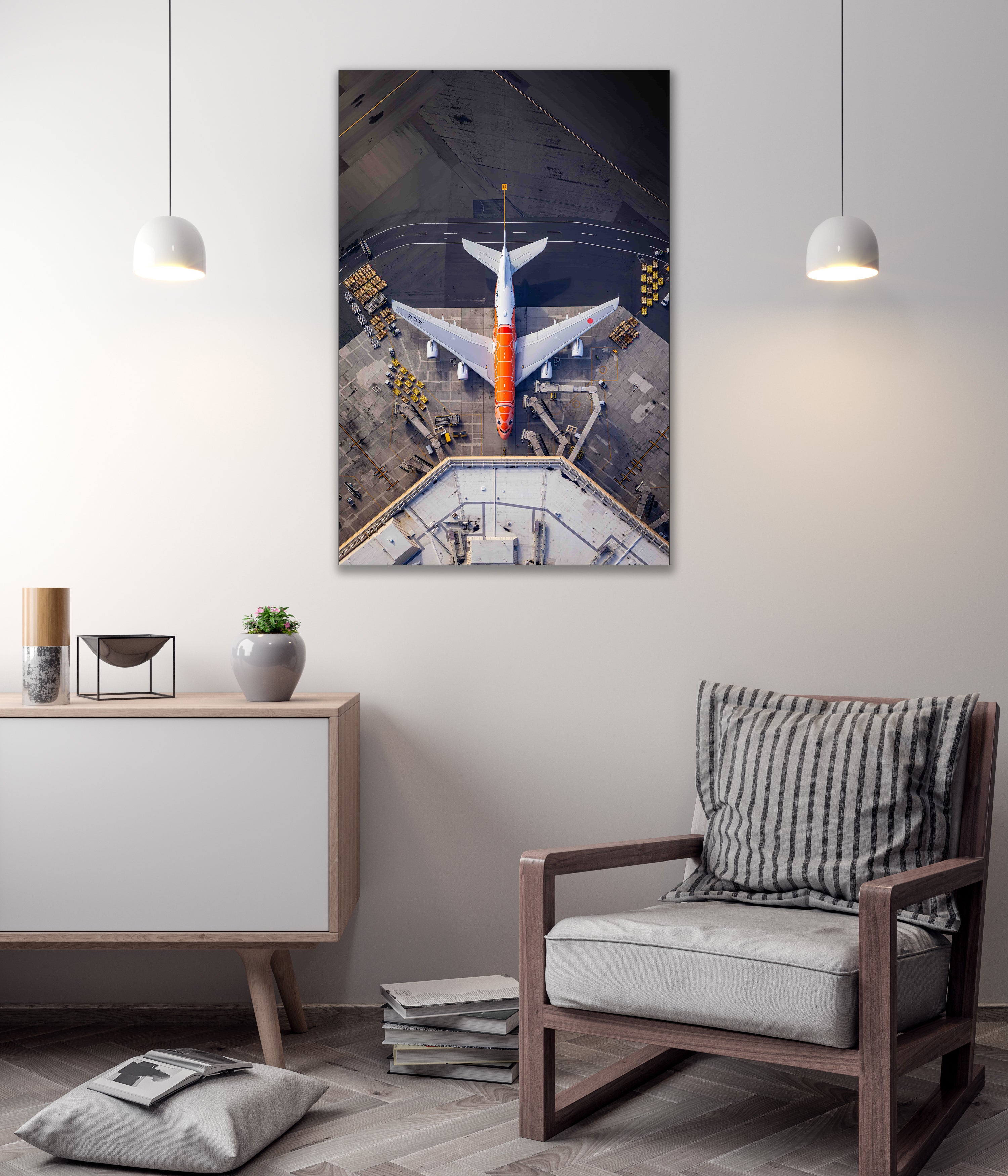 a large airplane on an airport tarmac, with a minimalist and modern interior design in the background.