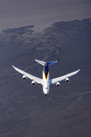 An aerial view of a large commercial airplane flying over a desert landscape with a body of water visible in the distance.