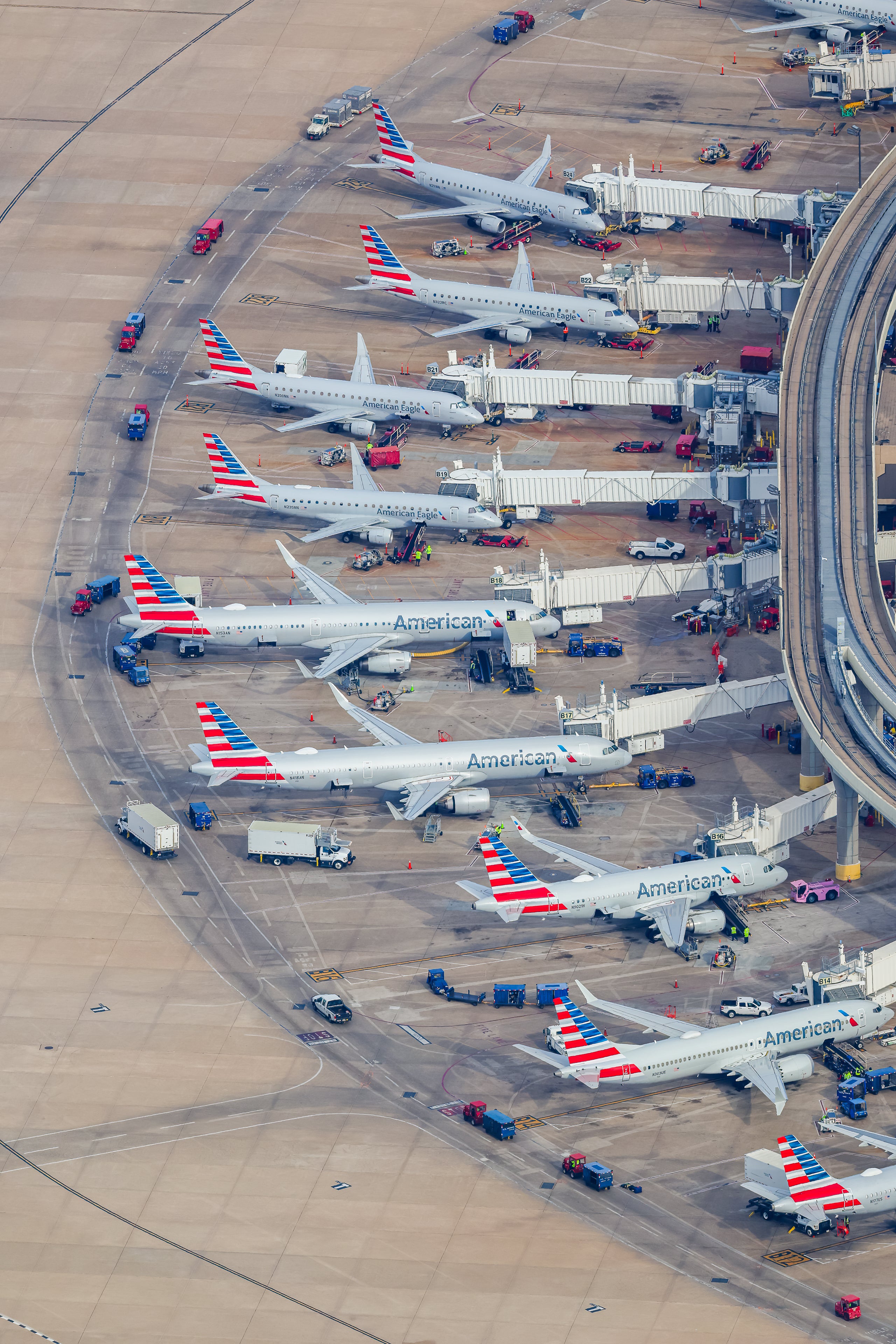 a busy airport tarmac with multiple American Airlines planes parked and lined up, ready for boarding or maintenance.