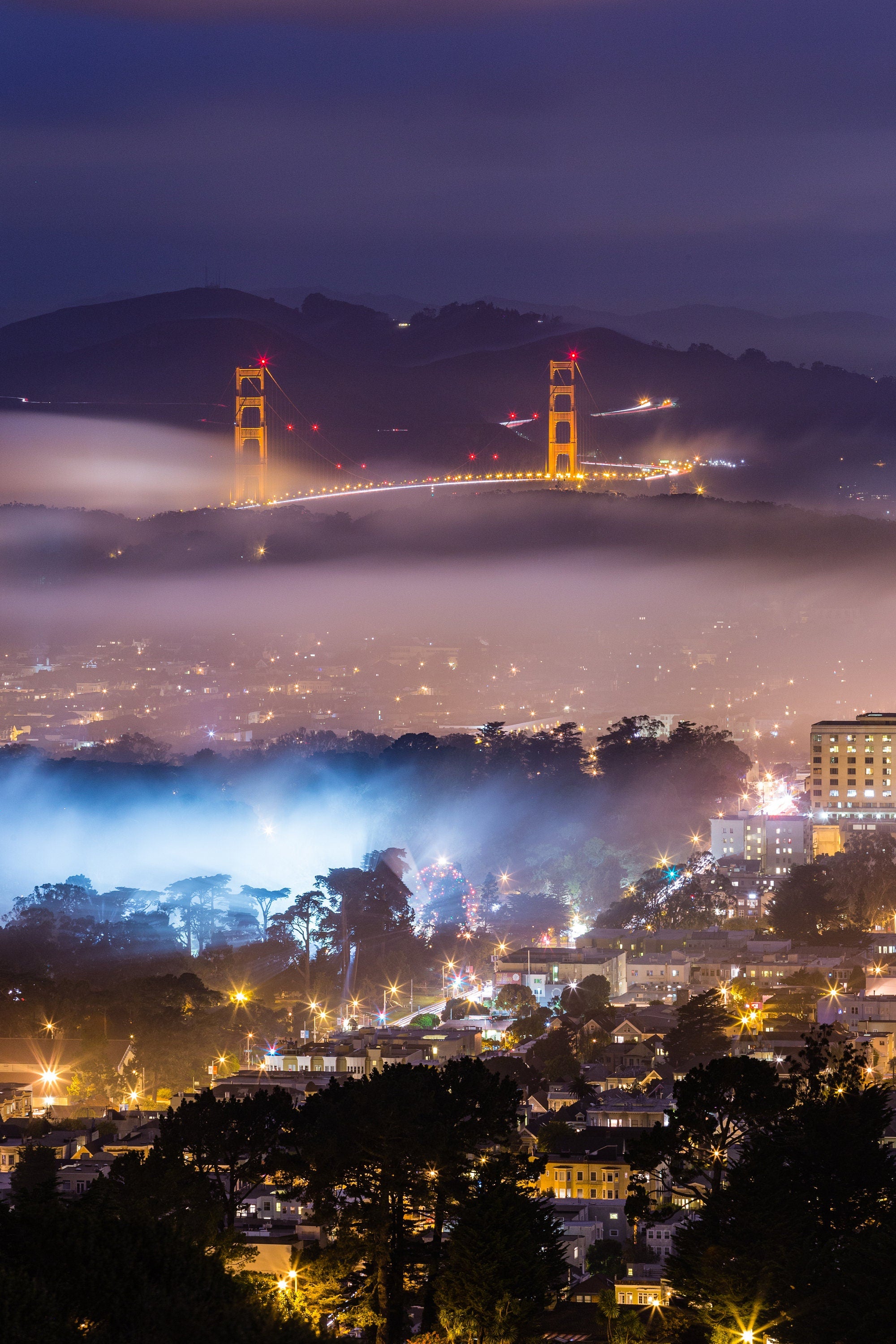 Golden Gate Park and Golden Gate Bridge - Foggy Night in San Francisco - Fine Art Photography (Metal & Bamboo Print)