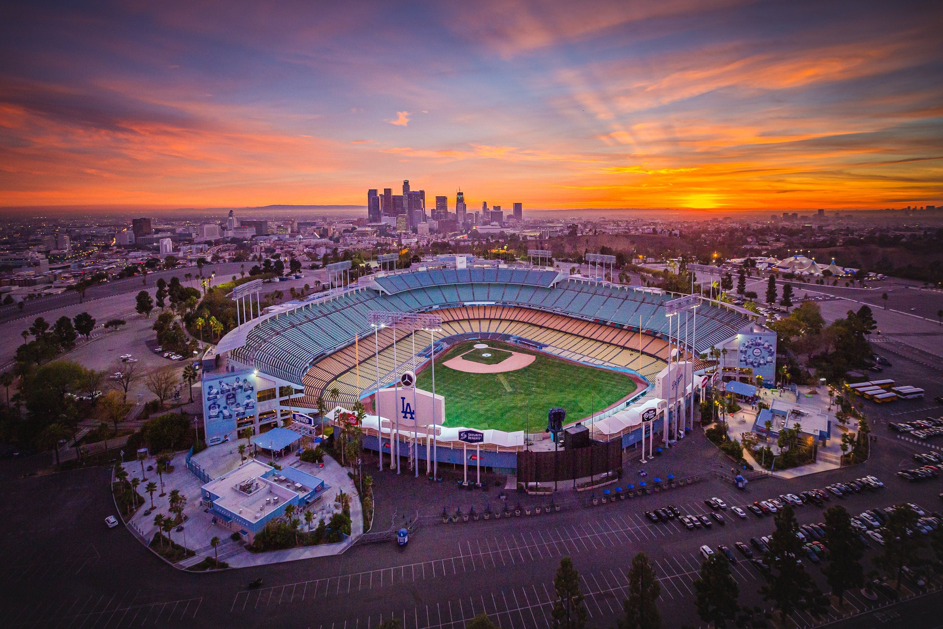 Los Angeles Dodgers Stadium at Sunset - Aerial Photography by Toby Harriman (Metal & Bamboo Prints)
