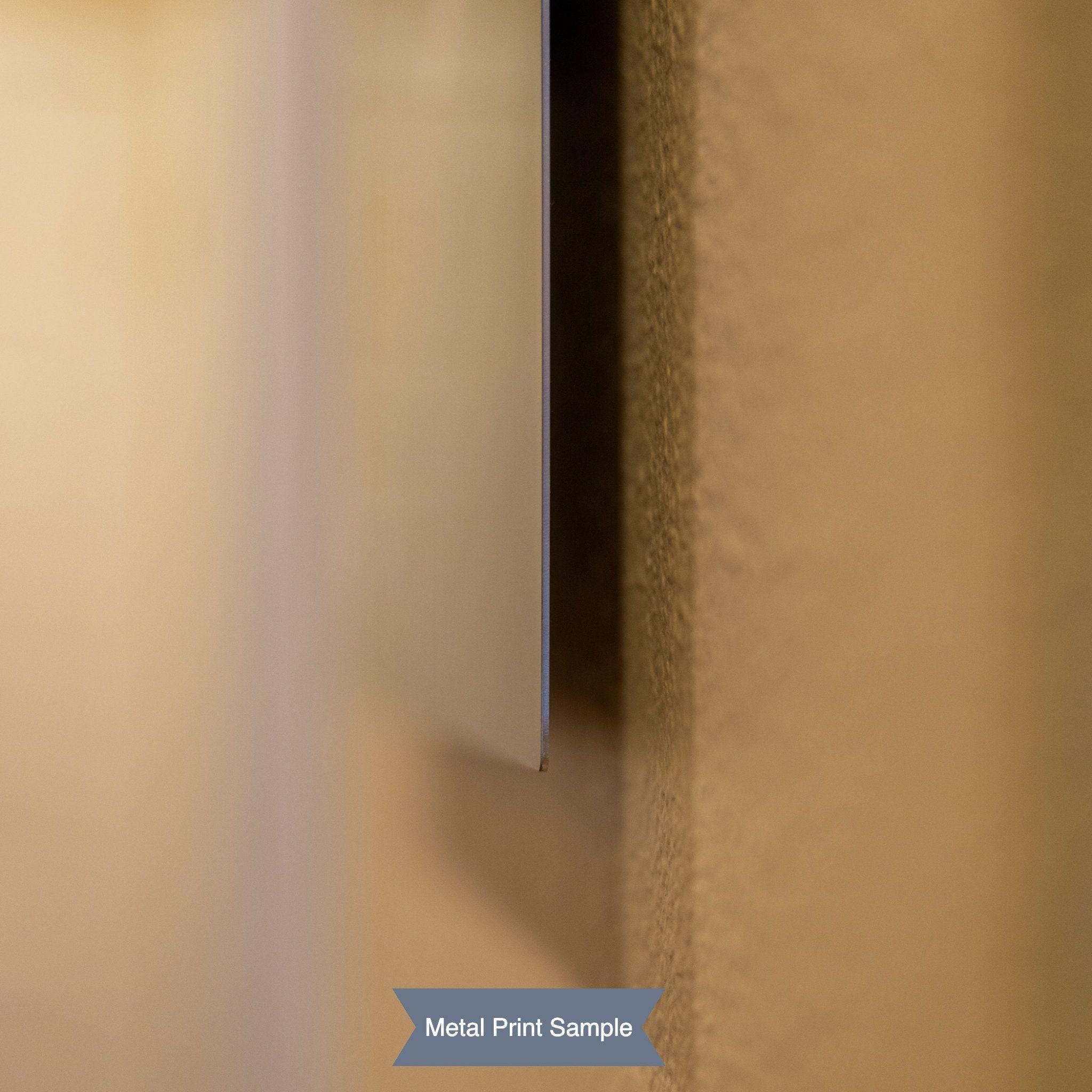 The image is a metal print sample, featuring a close-up view of a metallic surface with a blurred background.