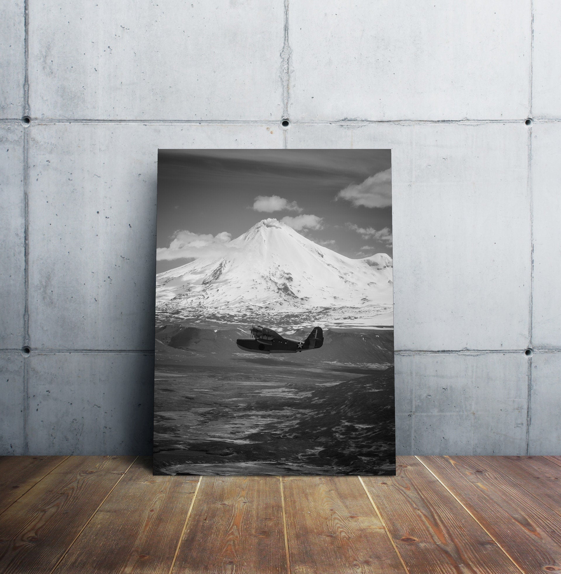 JRF-5 Grumman Goose Aircraft flying by Pavlof Volcano Alaska - Black and White Fine Art Print (Metal & Bamboo Prints)