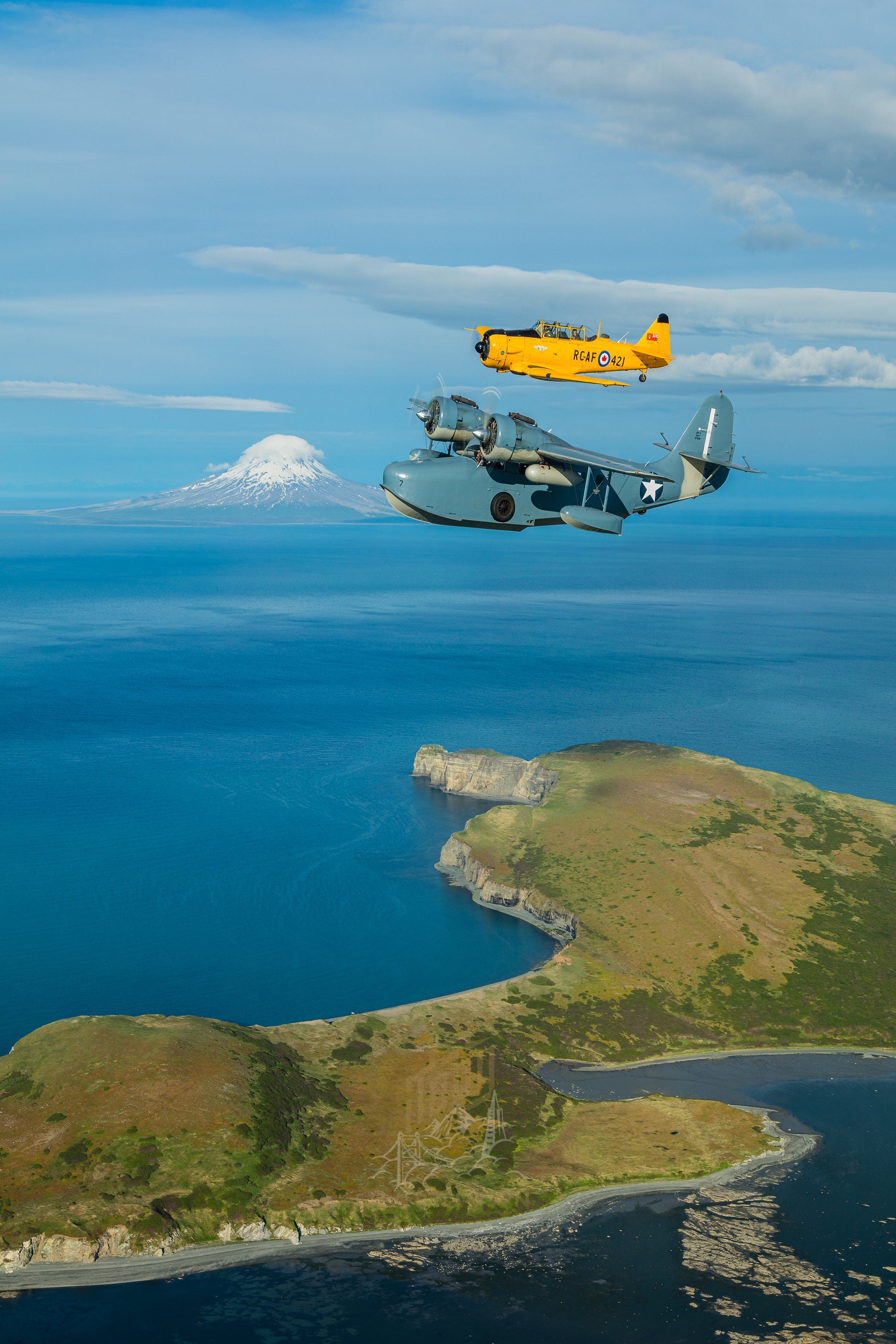 Harvard Mk IV and JRF-5 Grumman Goose Augustine Volcano - Alaska Fine Art Aviation Photography (Metal & Bamboo Prints)