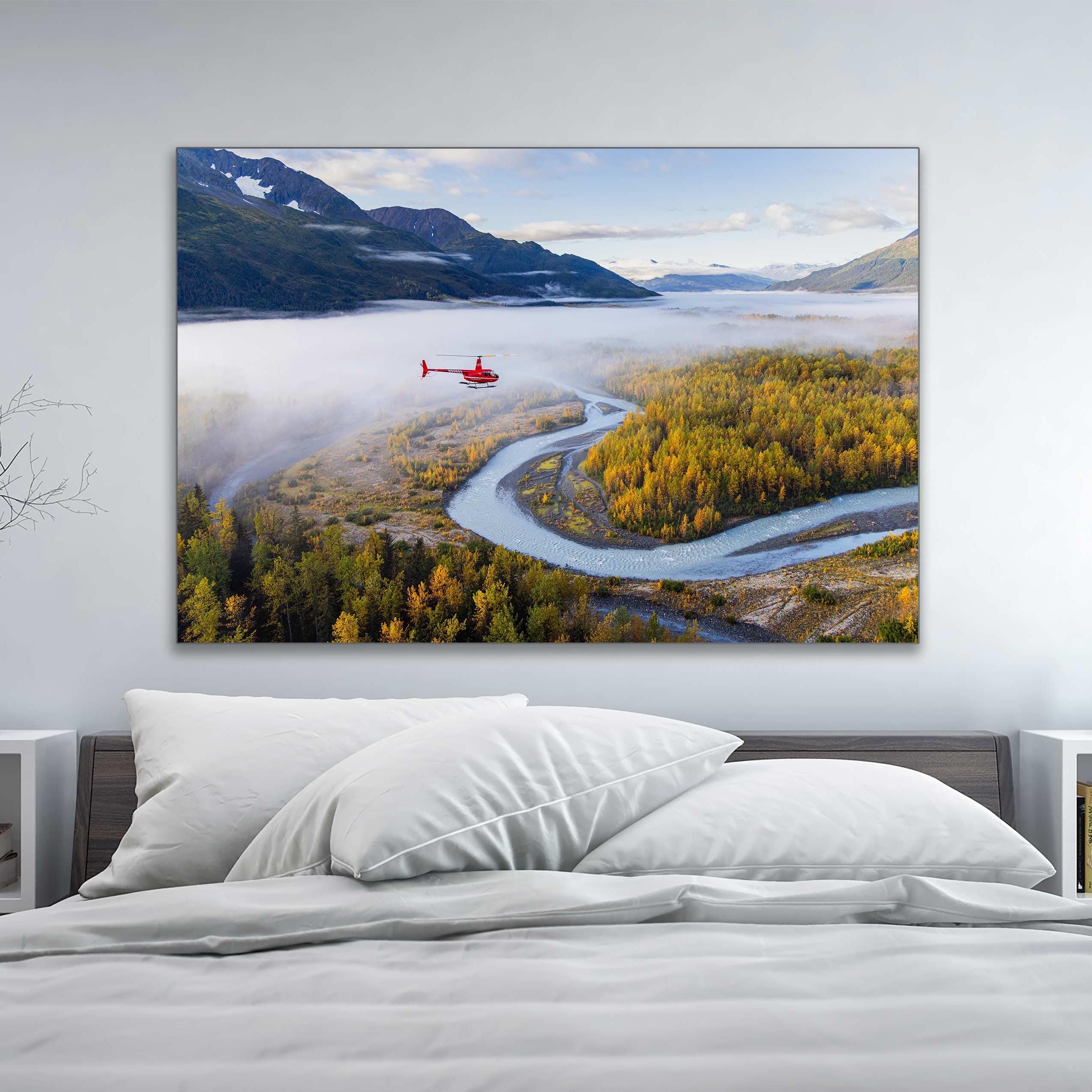Twentymile River Autumn Morning Fog - Air-to-Air Helicopter Tour Girdwood Alaska Aerial Photography by Toby Harriman (Metal & Bamboo Prints)